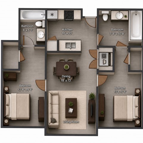 Floor plan for 2 beds, 2 baths, 930 sqft